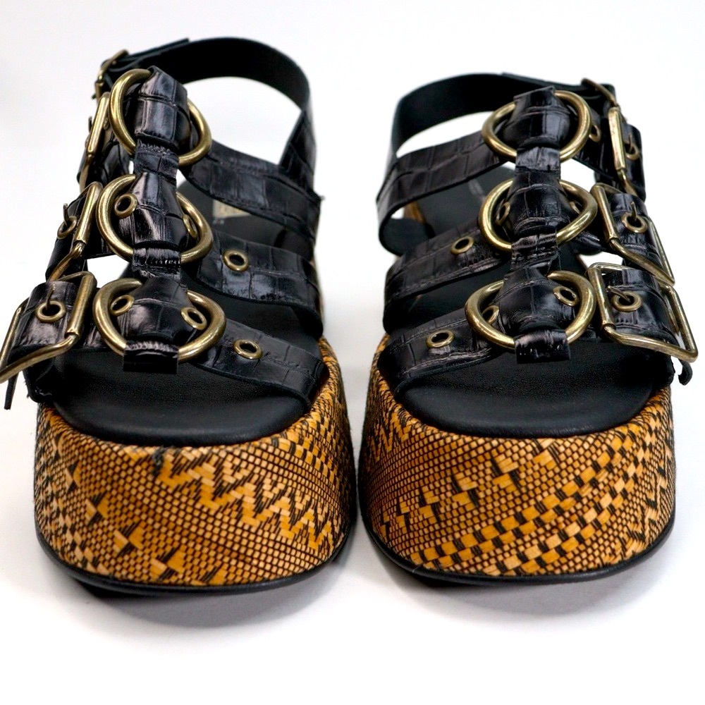 NIB Free People Amor Black/ Gold Flatform Women’s Sandals with Buckle Size 10 - Picture 3 of 16